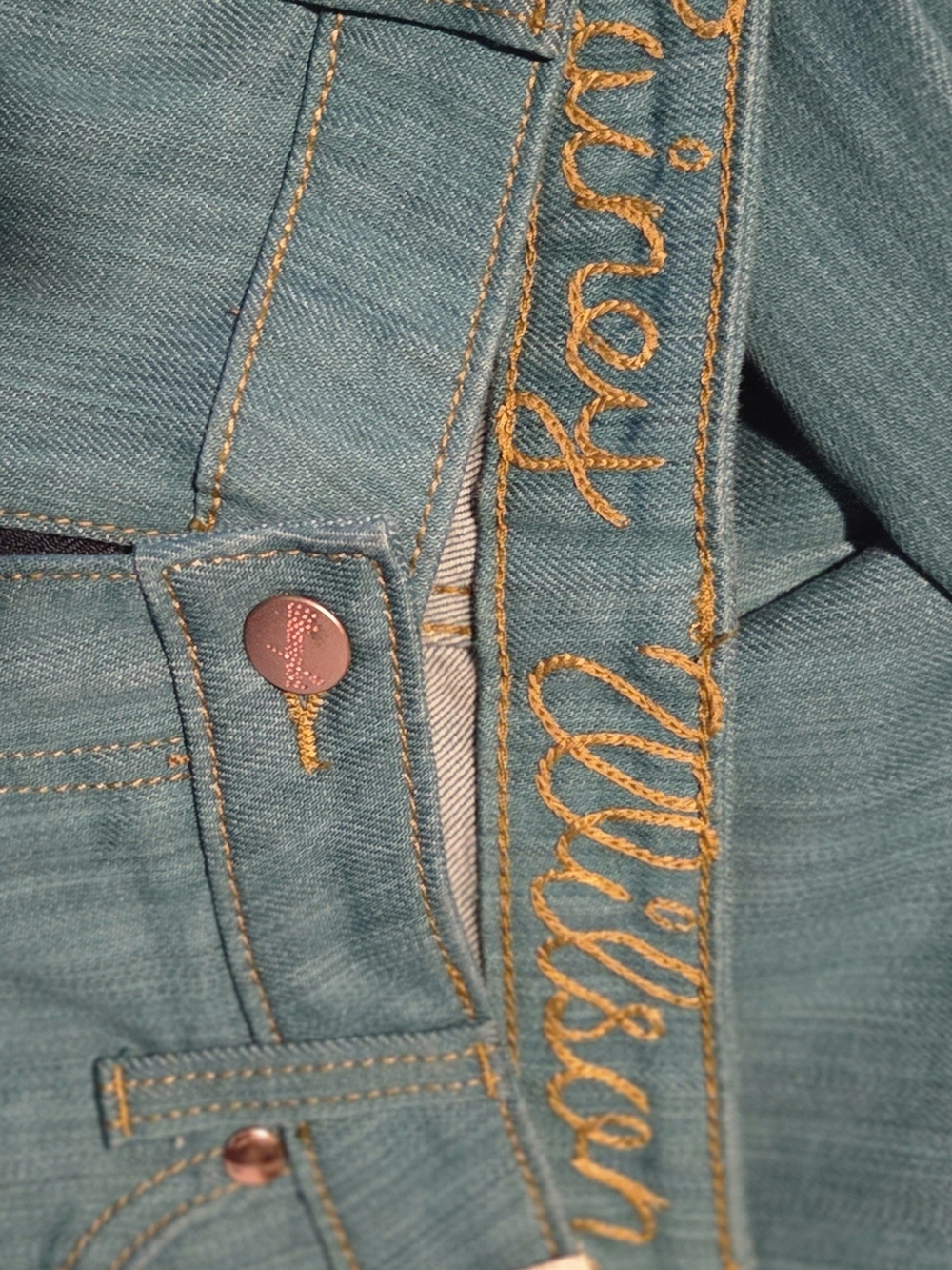 Wrangler Teal Boot Cut Jeans with Gold Embroidery